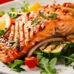 grilled salmon fillet and fresh vegetable salad mediterranean diet