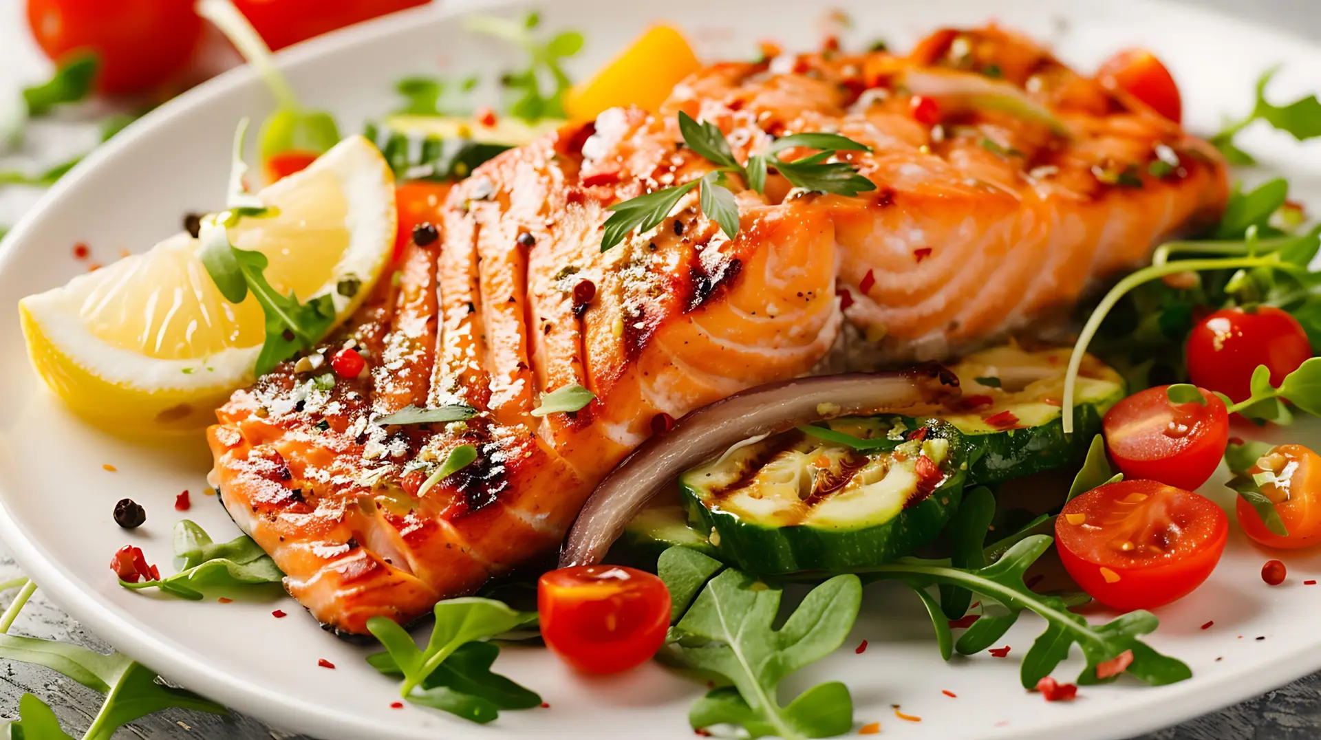 grilled salmon fillet and fresh vegetable salad mediterranean diet