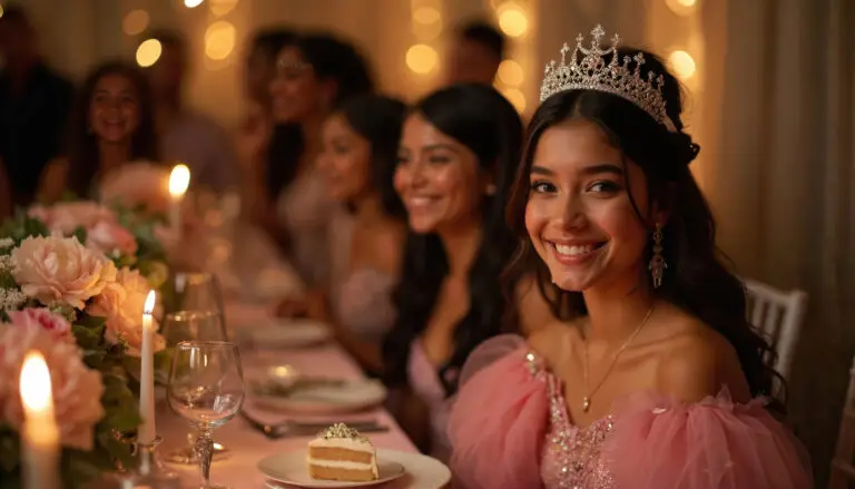 Events-Arizona young woman smiles in tiara and pink dress at elegant quinceanera party table. friends celebrate special coming of age event with cake, candles, and flowers.