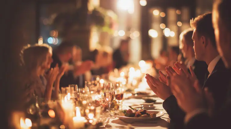Events-Arizona guests applauding at an elegant dinner party, celebrating a special event with ambient candlelight and warm atmosphere