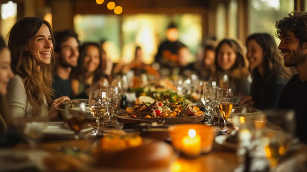 a group of people are gathered around a large table with a variety of food and drinks. the atmosphere is lively and festive, with everyone smiling and enjoying each other's company